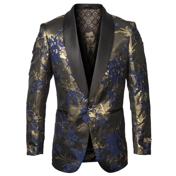 Empire™ (TV Series) Floral Design Shawl Collar Blazer, Golden w/ Floral Blue